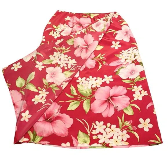 Talbots Pure Silk Faux Wrap Skirt 12 Petite Pink VTG 90s Hawaiian - Picture 6 of 16